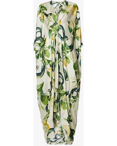 Roberto Cavalli V-neck Graphic-pattern Silk Maxi Dress - Green