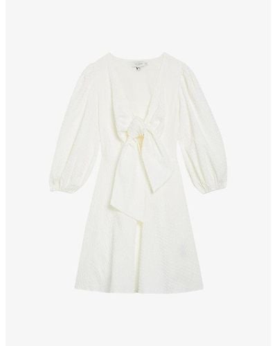 Ted Baker Askas Tie-front Puff-sleeve Stretch-cotton Mini Dress - White