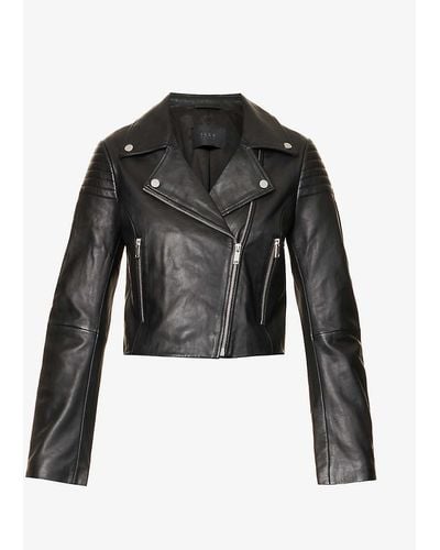 IKKS Cropped Quilted Leather Biker Jacket - Black