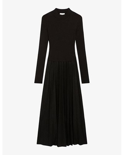 Claudie Pierlot Pleated Wool And Knitted Midi Dress - Black