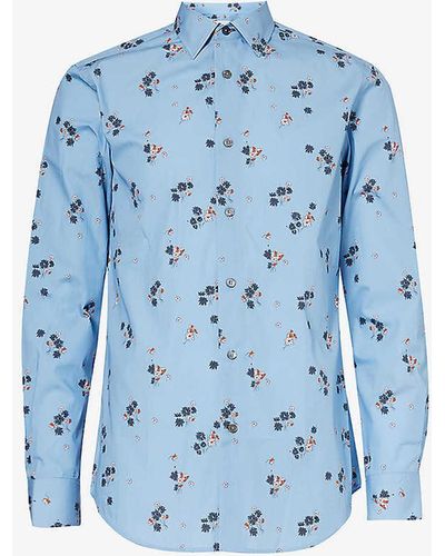 Paul Smith Floral-print Regular-fit Organic-cotton Shirt - Blue