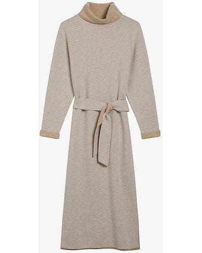 Ted Baker Tural Roll-neck Belted Knitted Midi Dress - Natural