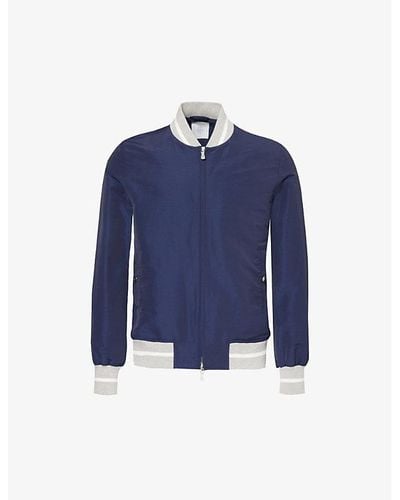 Eleventy Stand-collar Ribbed-trim Linen-blend Jacket - Blue
