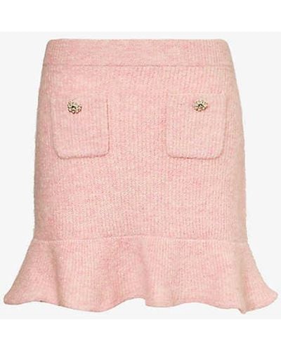 Self-Portrait Fluffy Ribbed-knit Stretch-woven Blend Mini Skirt - Pink