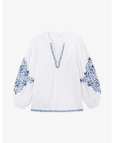 The White Company Embroidered V-neck Organic-cotton Blouse - Blue