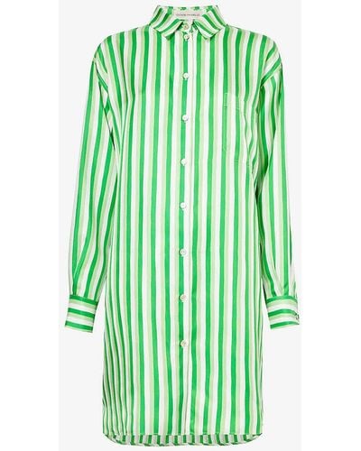 Olivia Von Halle Celeste Striped-pattern Silk Pyjama Shirt - Green