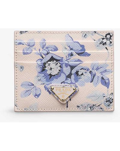 Prada Brand-plaque Floral-print Leather Card Holder - Blue