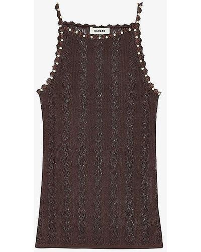Sandro Bead-embellished Pointelle-stitch Knitted Top - Purple
