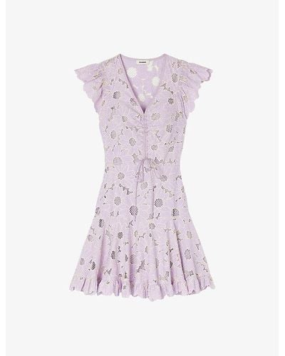 Sandro Floral-lace Ruffle-trim Woven Mini Dress - Purple