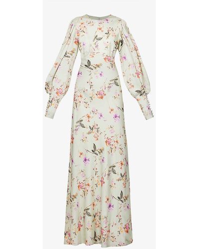 By Malina Alize Floral-print Satin Maxi Dres - Natural