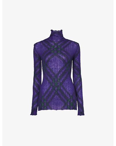 Burberry Checked High-neck Mohair And Wool-blend Top - Purple