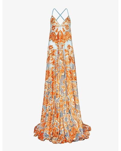 Etro Plunge-neck Paisley-pattern Woven Maxi Dress - Orange
