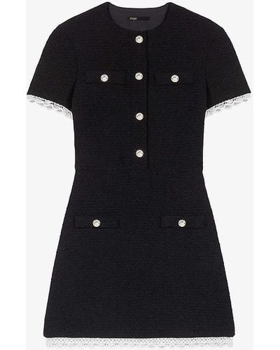 Maje Lace-trim Welt-pocket Woven Mini Dress - Black