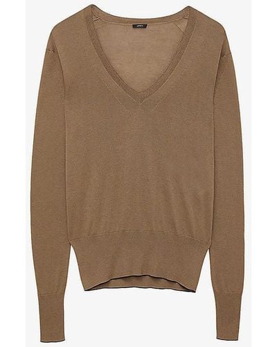 JOSEPH Long-sleeved Round-neck Cotton And Silk Top - Natural
