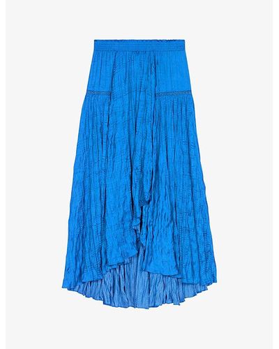Maje Japra Smocked-hem Asymmetric-waist Satin Midi Skirt - Blue