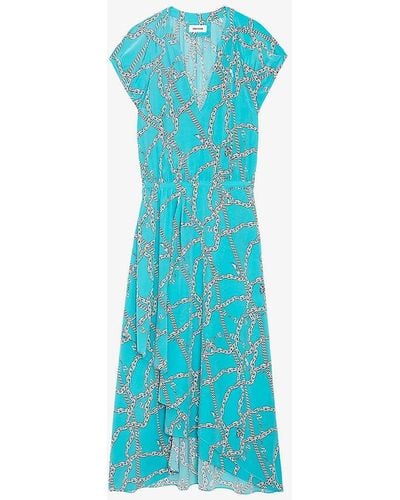 Zadig & Voltaire Randall Chain-print V-neck Silk Midi Dress - Blue