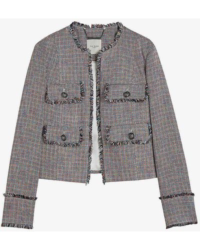 Ted Baker Mayumi Frayed-trim Cropped Woven Jacket - Grey