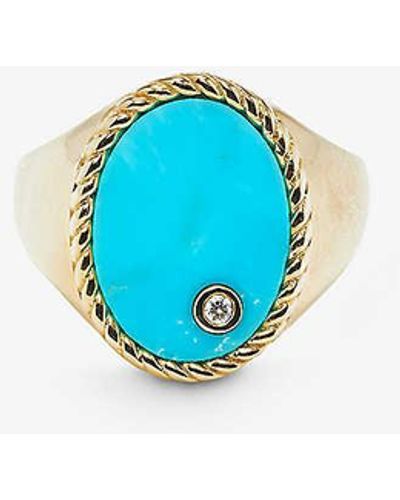 Yvonne Léon Chevalière 9ct Yellow-gold, 0.015ct Diamond And 1ct Turquoise Signet Ring - Blue