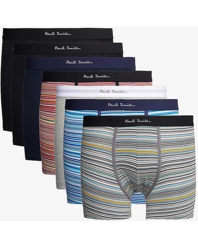 Paul Smith Branded-waistband Pack Of Seven Stretch-organic Cotton Trunks - Blue