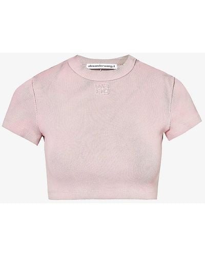 Alexander Wang Brand-embossed Cropped Stretch-cotton T-shirt - Pink