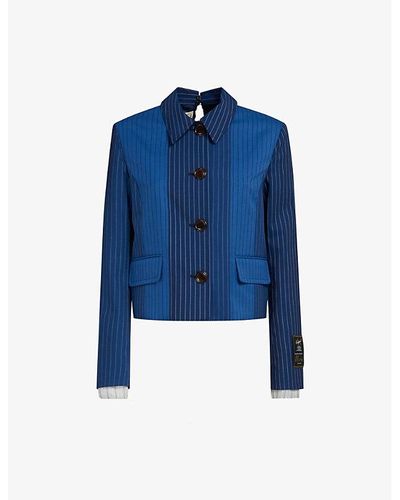 Marni Stripe-pattern Brand-patch Regular-fit Wool Jacket - Blue
