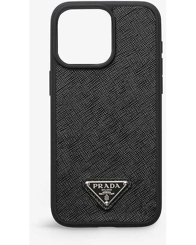 Prada Branded-plaque Leather Iphone 15 Pro Cover - Black