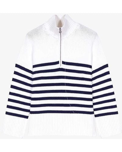 Maje Zip-neck Striped Knitted Jumper - White