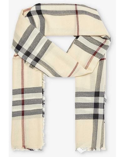 Burberry Checked Frayed-trim Wool Scarf - Natural