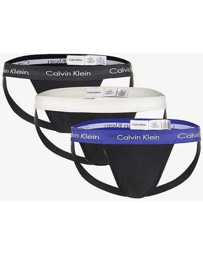 Calvin Klein Branded-waistband Mid-rise Pack Of Three Stretch-cotton Jock Straps X - Blue