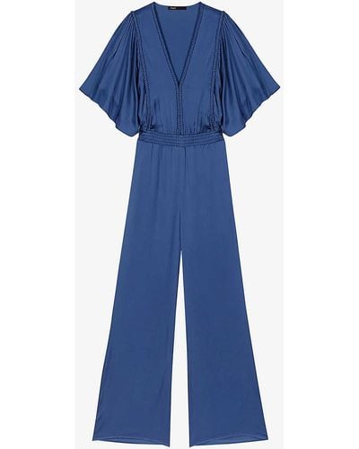 Maje Butterfly-sleeve V-neck Woven Jumpsuit - Blue