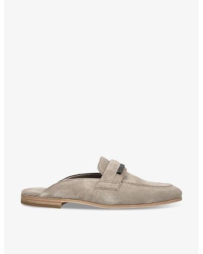 Brunello Cucinelli Bead-embellished Backless Suede Penny Loafers - Natural