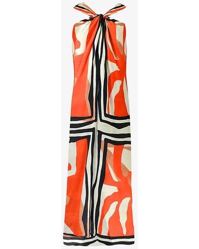 Ro&zo Placement-print Halterneck Woven Maxi Dress - Red