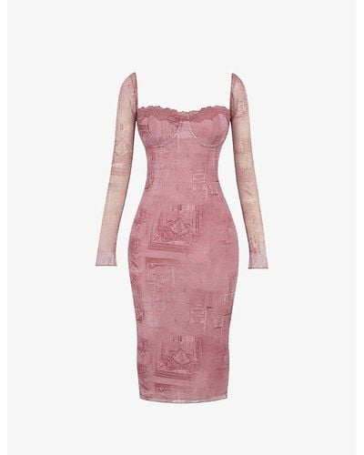 House Of Cb Seraphina Lace-trim Stretch-mesh Midi Dress - Pink