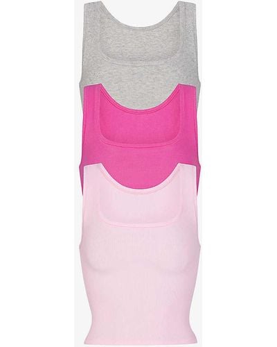 Skims Cotton Rib Pack Of Three Stretch-cotton Tank Tops - Pink