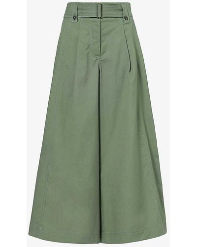 Weekend by Maxmara Recco Pleated Wide-leg High-rise Cropped Cotton-poplin Trousers - Green
