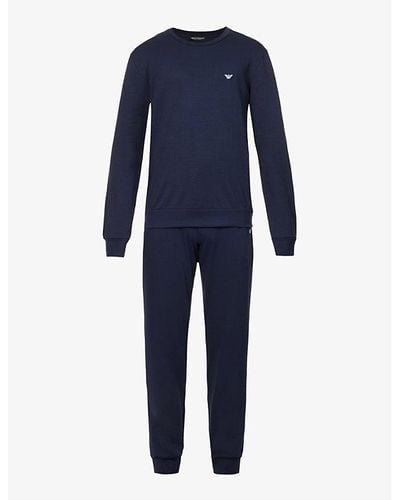 Emporio Armani Brand-embroidered Cotton-jersey Pajama Set - Blue