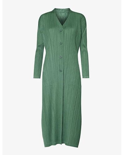 Pleats Please Issey Miyake December Pleated Slim-fit Knitted Coat - Green