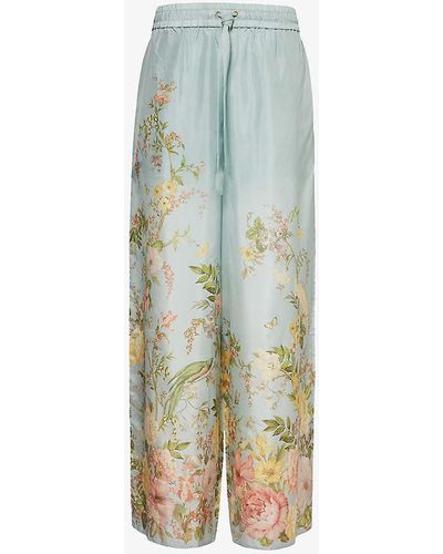 Zimmermann Waverly Floral-print Straight-leg High-rise Silk Trousers - Blue