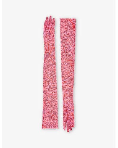 Dries Van Noten Geometric-print Elbow-length Stretch-mesh Gloves - Pink