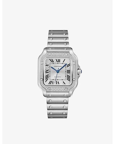 Cartier Crw4sa0005 Santos De Large Model Stainless-steel, 0.64ct Diamond And Interchangeable Leather Strap Automatic Watch - White