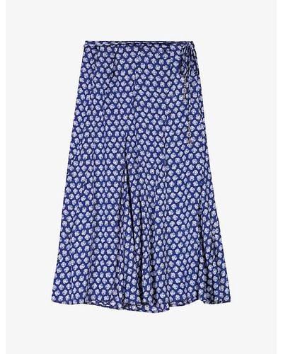 Maje Floral-print Split-hem Woven Midi Skirt - Blue
