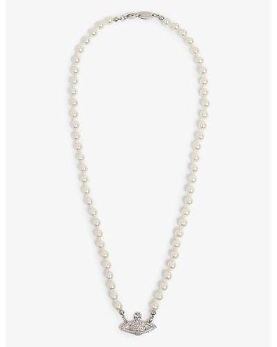 Vivienne Westwood Mini Bas Relief Brass, Swarovski Crystal And Pearl Pendant Necklace - White