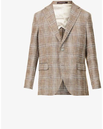 Oscar Jacobson Ferry Checked Single-breasted Cotton, Linen And Wool-blend Blazer - Natural
