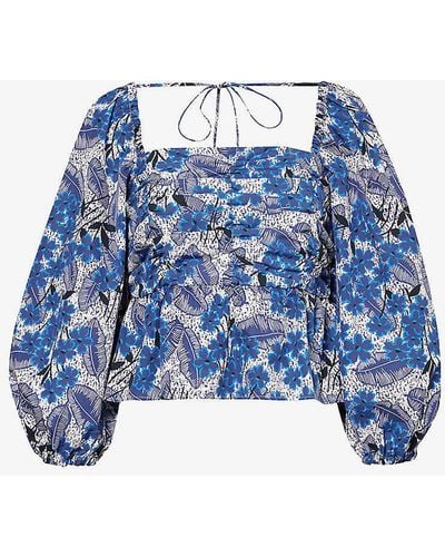 Weekend by Maxmara Palpiti Floral-pattern Cotton-poplin Top - Blue