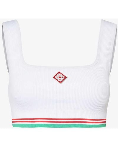 Casablancabrand Ribbed Monogram-embroidered Stretch-woven Cropped Top - White