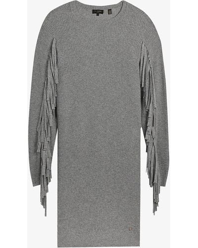 Ted Baker Friidah Fringed Knitted Cotton-blend Mini Dress - Grey