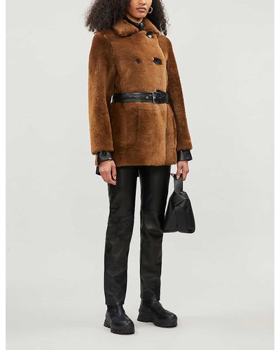 Maje Gaban Double-breasted Leather And Shearling Coat - Black