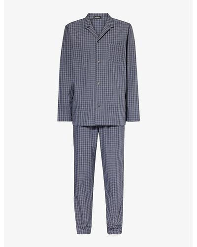 Hanro Checked Cotton Pyjama Set X - Blue