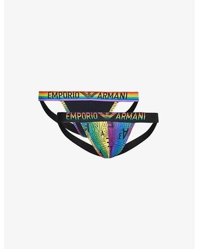 Emporio Armani Rainbow-logo Pack Of Two Stretch-cotton Jockstraps - Blue