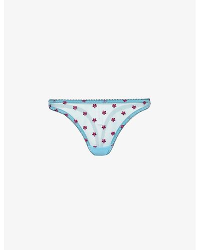 Dora Larsen Maudie Over Floral-embroidered Stretch Recycled-nylon Thong - Blue
